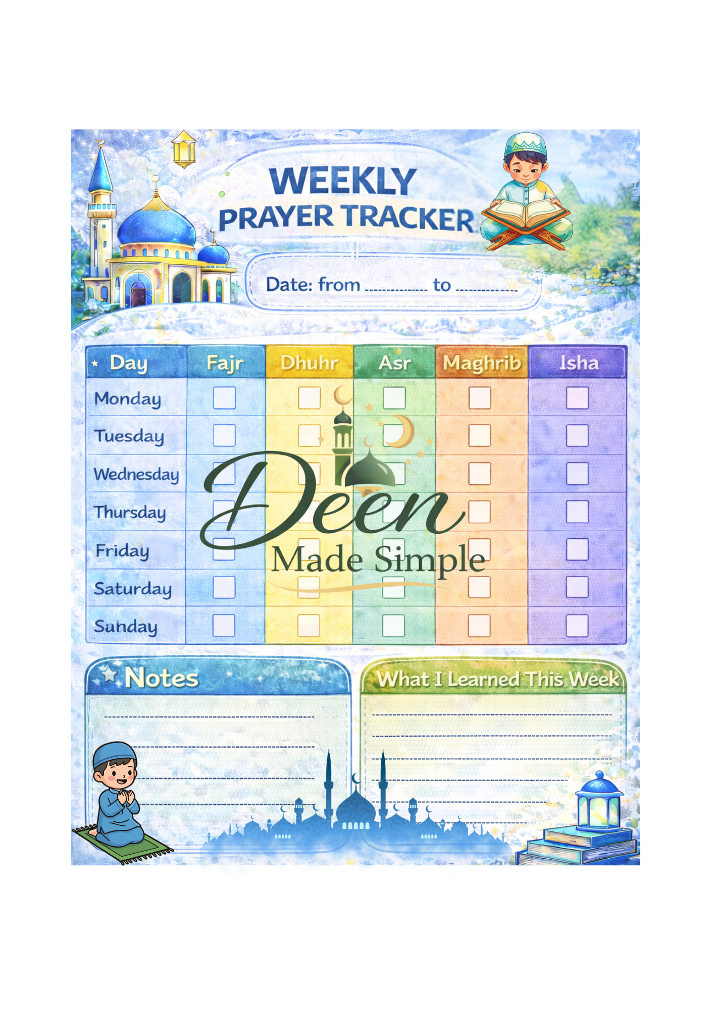 Reusable Weekly Prayer Tracker (For Boys)
